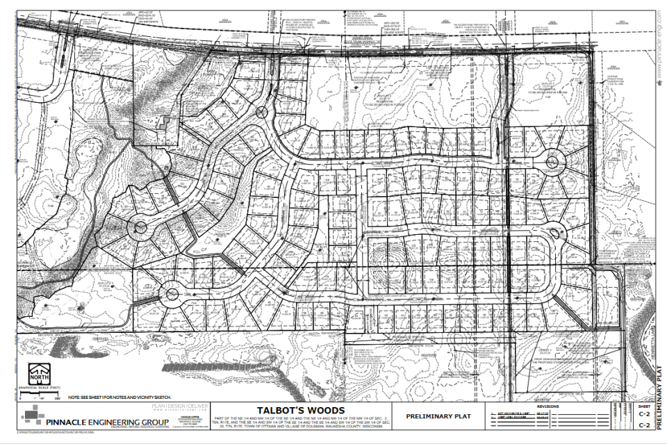 This segment of a preliminary plat shows the residential side of a 145-acre development planned for Highway 18 east of Highway 67 in the village of Dousman. The residences east of a wooded conservancy would feature single-family and low-density condominium buildings. The west side would include apartments and businesses.