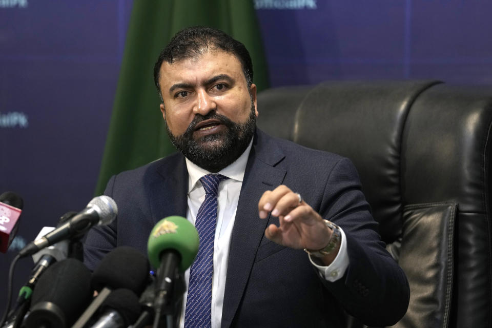 Pakistan's caretaker Interior Minister Sarfraz Bugti speaks during a press conference in Islamabad, Pakistan, Thursday, Oct. 26, 2023. Pakistan is setting up deportation centers for migrants in the country illegally, including an estimated 1.7 million Afghans, officials said Thursday. It's the latest development in a government crackdown to expel foreigners without registration or documents. (AP Photo/Anjum Naveed)