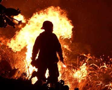 FILE PHOTO: Firefighters battle a Santa Ana wind-driven brush fire called the Thomas Fire near Ventura. REUTERS/Gene Blevins