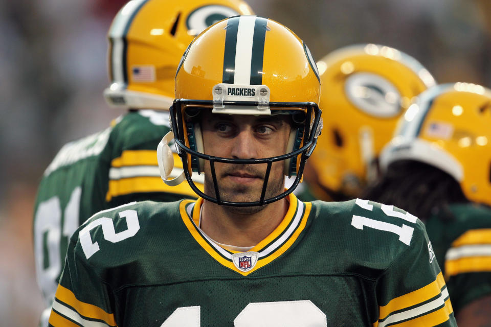 GREEN BAY, WI - SEPTEMBER 08: Aaron Rodgers #12 of the Green Bay Packers warms up before taking on the New Orleans Saints in the season opening game at Lambeau Field on September 8, 2011 in Green Bay, Wisconsin. (Photo by Jonathan Daniel/Getty Images)