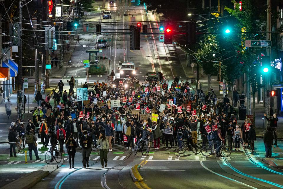 Sawant joined protesters outside a Seattle police station amid 2020 racial justice demonstrations (Getty Images)