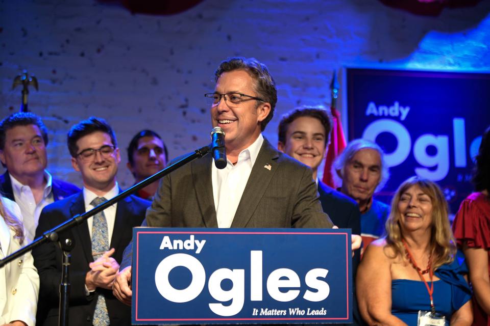 Republican candidate Andy Ogles declares victory after winning the House of Representatives in Tennessee's newly created 5th Congressional District at an election night watch party at Puckett's in Columbia, Tenn., Tuesday, Nov. 8, 2022.