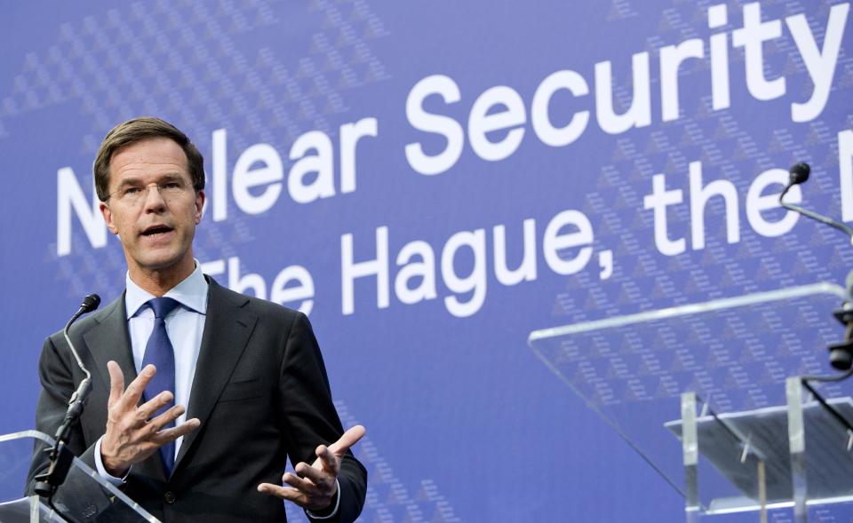 Dutch Prime Minister Mark Rutte addresses the media, ahead of the March 24 and 25 Nuclear Security Summit in The Hague, the Netherlands, on Sunday, March 23, 2014. The Nuclear Security Summit in the Hague will form the backdrop for an emergency meeting of Group of Seven leaders on Russia's annexation of Crimea. It's a confrontation between Russia and the West reminiscent of the Cold War. (AP Photo/Freek van den Bergh, POOL)