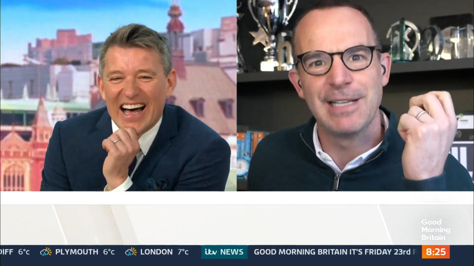 Martin Lewis shared a joke with Ben Shephard on his last day at GMB before moving to This Morning. (ITV/screengrab)