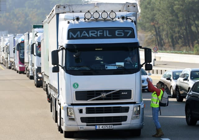 A demonstrator talks to a truck driver