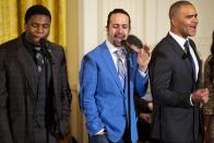 FILE - In this March 14, 2016 file photo shows actors, from left, Okieriete Onaodowan, Lin-Manuel Miranda and Christopher Jackson perform the song "Alexander Hamilton" from the Broadway play "Hamilton" in the East Room of the White House in Washington. Miranda, who was everywhere in popular culture this year, was named The Associated Press Entertainer of the Year, voted by members of the news cooperative. (AP Photo/Jacquelyn Martin, File)