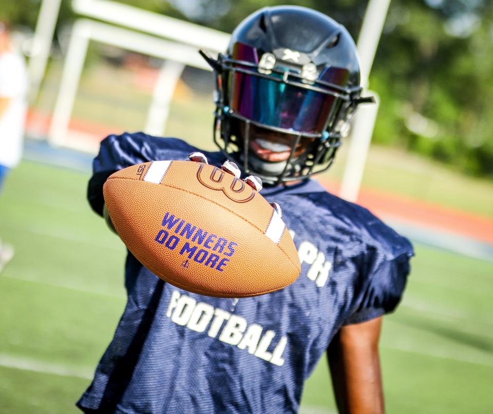 Randolph's Greg Izedonmwen during a football practice on Monday, August 29, 2022.