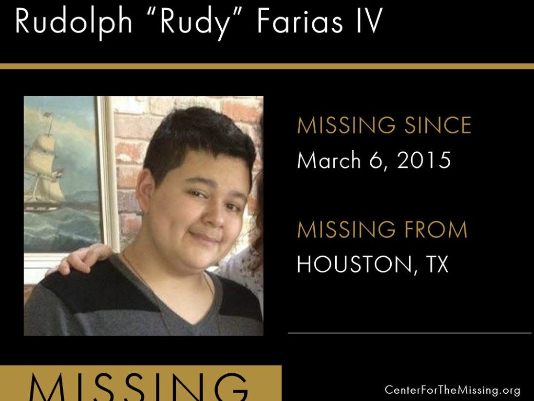 Rudolph "Rudy" Farias IV, found alive eight years after vanishing while walking his dogs at age 17.
