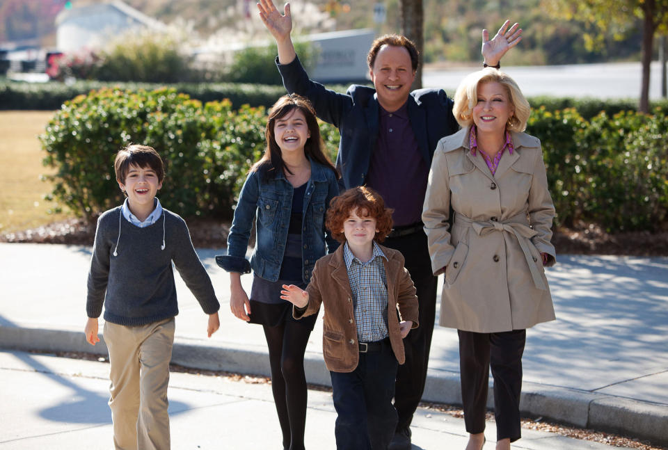 This undated publicity photo released by Twentieth Century Fox and Walden Media shows Billy Crystal as Artie and Bette Midler as Diane, who agree to babysit their three grandkids, from left, Joshua Rush as Turner, Bailee Madison as Harper and Kyle Harrison Breitkopf as Barker in a scene from the film, "Parental Guidance." (AP Photo/Twentieth Century Fox/Walden Media, Kerry Hayes)