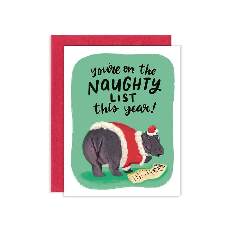 <p><a href="https://go.redirectingat.com?id=74968X1596630&url=https%3A%2F%2Fwww.papersource.com%2Fgreeting-cards%2Fnaughty-list-christmas-card-0613497824617.html&sref=https%3A%2F%2Fwww.countryliving.com%2Flife%2Fentertainment%2Fg45142152%2Ffunny-christmas-card-ideas%2F" rel="nofollow noopener" target="_blank" data-ylk="slk:Shop Now;elm:context_link;itc:0;sec:content-canvas" class="link ">Shop Now</a></p><p>Funny Hippo Christmas Card</p><p>papersource.com</p><p>$6.50</p><span class="copyright">Paper Source</span>