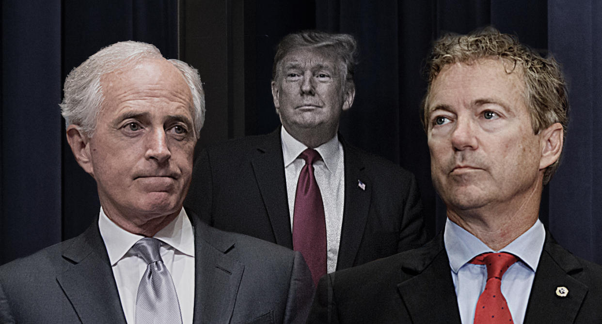 Sen. Bob Corker, President Trump and Sen. Rand Paul. (Photo illustration: Yahoo News; photos: AP [2], Zach Gibson/Bloomberg via Getty Images)