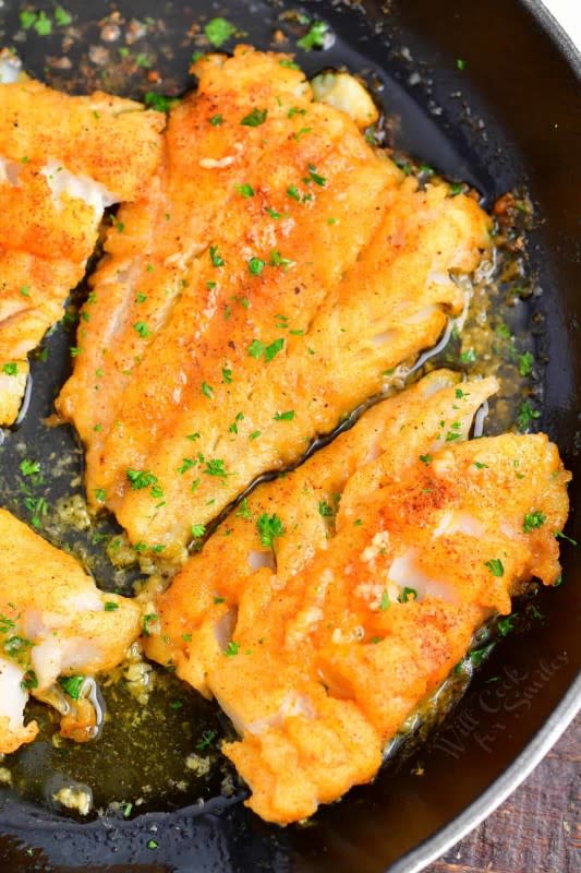 Will Cook for Smiles<p>This is a delicious buttery baked cod recipe that has a simple and delicious seasoning combination along with savory garlic and fresh lemon flavors.</p><p><strong>Get the recipe: <a href="https://www.willcookforsmiles.com/baked-cod/" rel="sponsored" target="_blank" data-ylk="slk:Buttery Lemon Garlic Baked Cod;elm:context_link;itc:0;sec:content-canvas" class="link "><em>Buttery Lemon Garlic Baked Cod</em></a></strong></p>