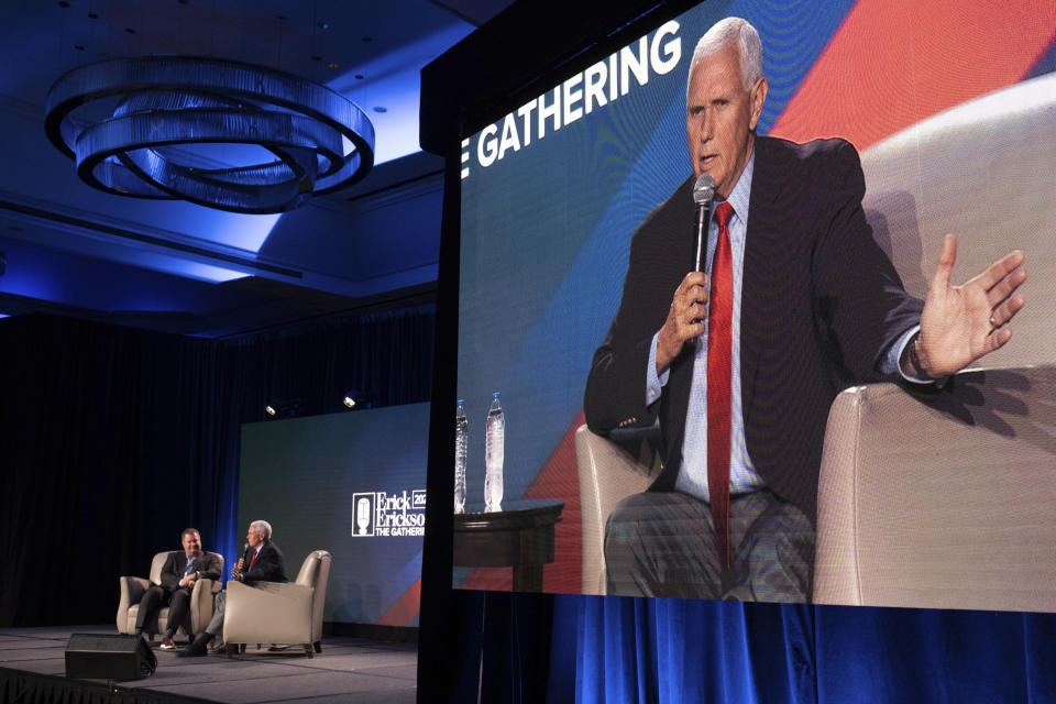 FILE - Presidential candidate and former Vice President Mike Pence speaks at The Gathering in Atlanta on Friday, Aug. 18, 2023. (AP Photo/Ben Gray, File)