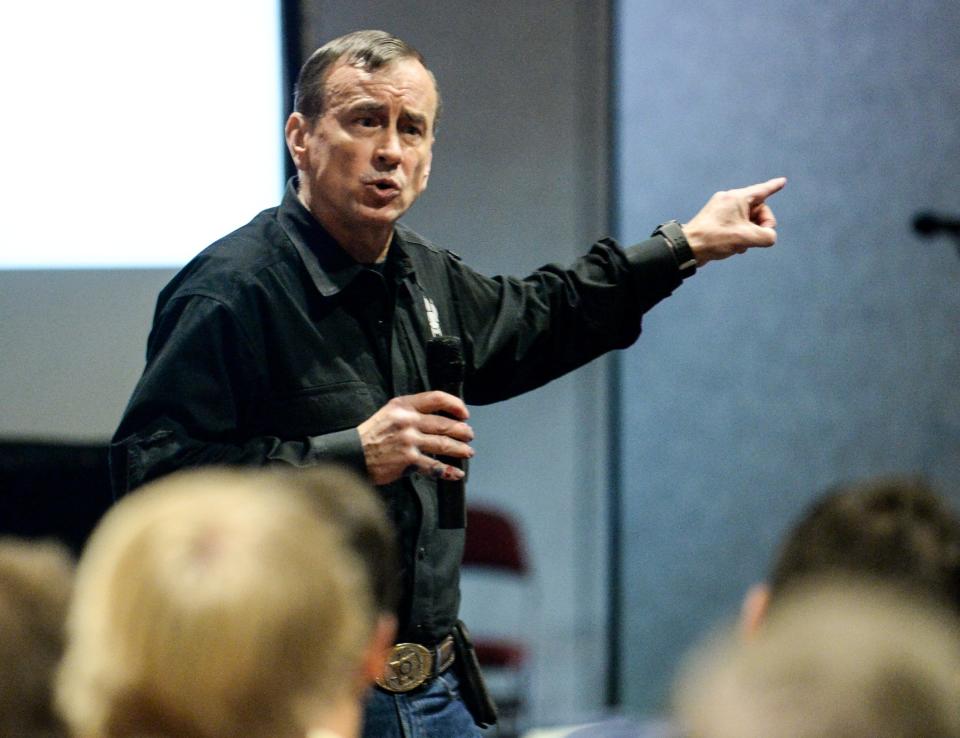 Dave Grossman, director of the Illinois-based Killology Research Group, conducts a safe schools and healthy students training seminar at the Civic Center of Anderson, South Carolina in September 2018.