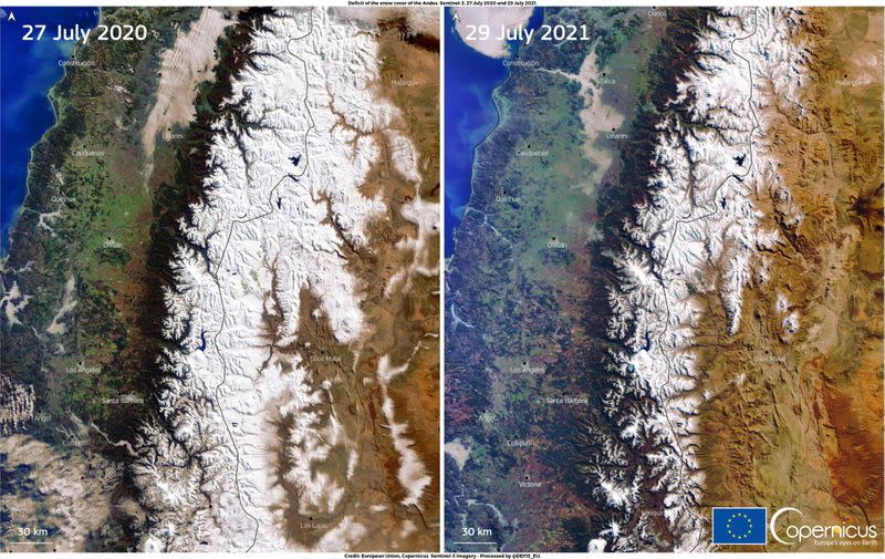 FILE PHOTO: A combination of images, acquired by one of the Copernicus Sentinel-3 satellites, shows the snow deficit affecting the Andes mountain range