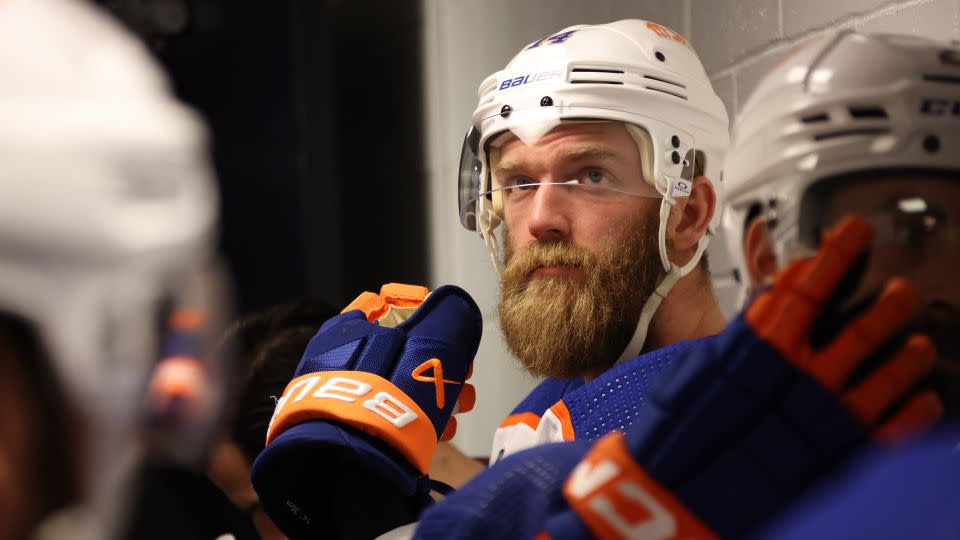 Mattias Ekholm #14 of the Edmonton Oilers looks on in the hallway before Game Five of the 2024 Stanley Cup Final. - Dave Sandford/NHLI/Getty Images