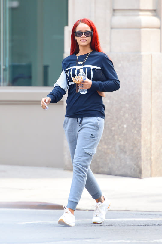 Rihanna wears a top and sweatpants by Puma on May 17, 2015 in New York City.