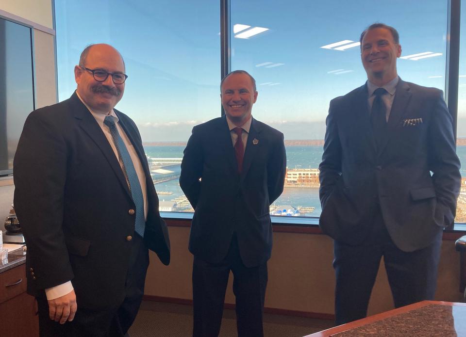 Erie County Executive-elect Brenton Davis, center, is pictured with two of his appointments on Dec. 2. At left is Erie County Clerk Doug Smith, who was tapped to be county administrator. On the right is William Speros, an attorney with the Erie-based law firm MacDonald, Illig, Jones & Britton, who was tapped to be county solicitor.