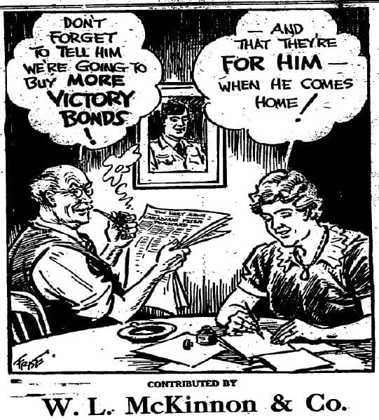 A victory bonds cartoon published in the Oct. 23, 1943 issue of the Perth Courier.