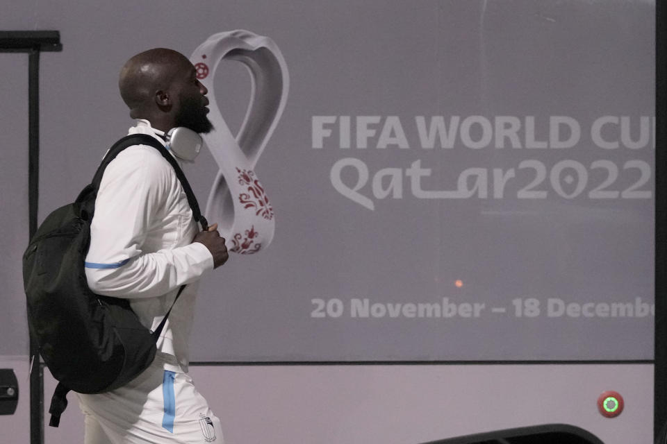 Romelu Lukaku of Belgium's national soccer team arrives with teammates at Hamad International airport in Doha, Qatar, Saturday, Nov. 19, 2022 ahead of the upcoming World Cup. Belgium will play the first match in the World Cup against Canada on Nov. 23. (AP Photo/Hassan Ammar)