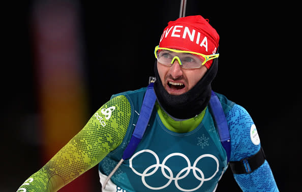 Jakov Fak of Slovenia reacts at the finish of the Men's 20km Individual Biathlon during the 2018 Winter Olympics on February 15, 2018. | Lars Baron—Getty Images: