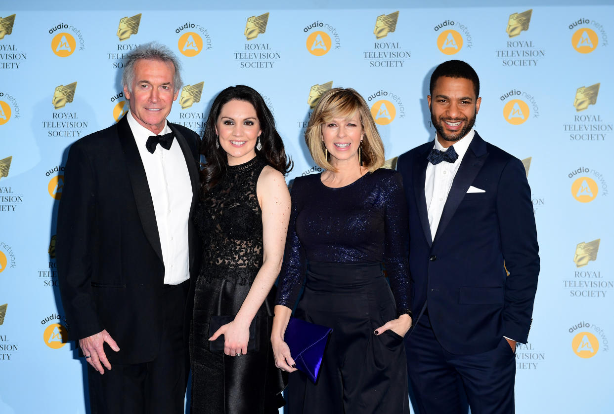 Kate Garraway (second right), Sean Fletcher (right), Laura Tobin (second left) and Hilary Jones (left) attending the Royal Television Society Programme Awards at Grosvenor House Hotel, Park Lane, London. (Photo by Ian West/PA Images via Getty Images)