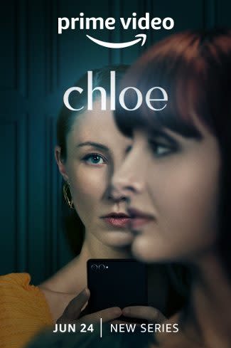 A promotional image from the series Chloe showing one woman looking at the camera, partially obscured by another woman in profile. Both have dark hair and one holds a mobile phone.