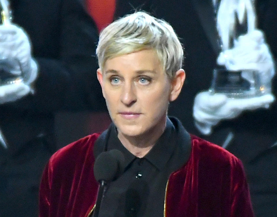 Ellen DeGeneres, winner of the awards for favorite animated movie voice, favorite daytime TV host, and favorite comedic collaboration, speaks at the People's Choice Awards in Los Angeles. Degeneres says she’s “furious” so many black men have been shot by police and “nothing seems to change.” Speaking on her show Friday, April 20, 2018, with CNN’s Van Jones, Degeneres said she’s “ashamed.” 