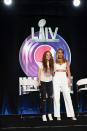 NFL Super Bowl 54 football game halftime performer Jennifer Lopez and Shakira pose for a picture at a news conference Thursday, Jan. 30, 2020, in Miami. (AP Photo/Morry Gash)