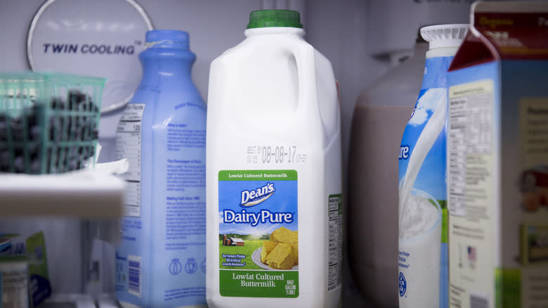 Jug of buttermilk in fridge