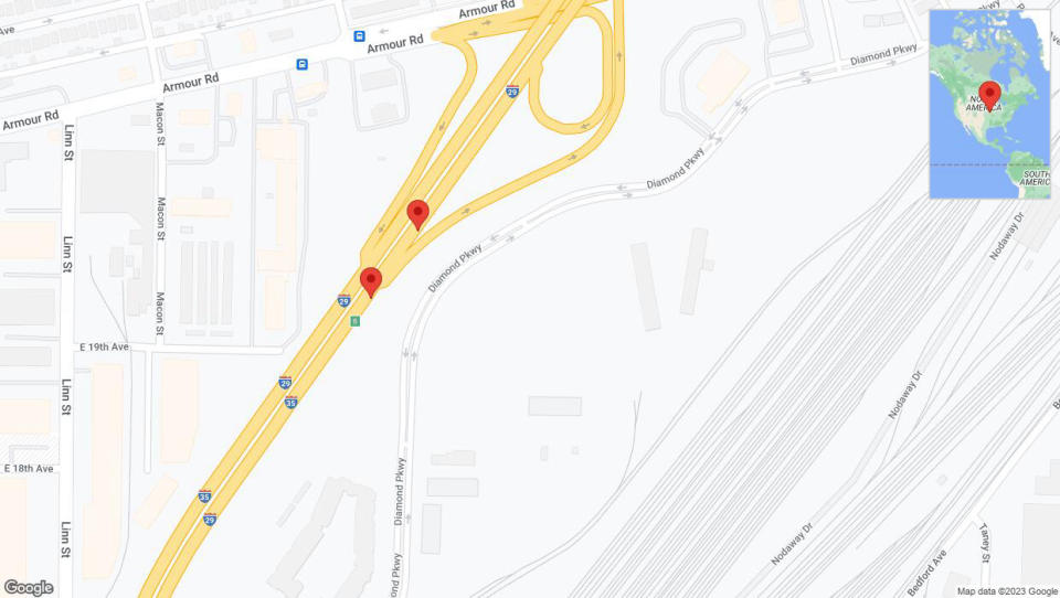 A detailed map that shows the affected road due to 'Broken down vehicle on northbound I-29/I-35 in North Kansas City' on December 23rd at 3:03 p.m.