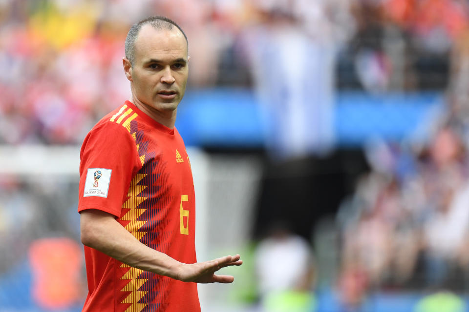 Spain's midfielder Andres Iniesta gestures during the Russia 2018 World Cup round of 16 football match between Spain and Russia at the Luzhniki Stadium in Moscow on July 1, 2018. (Photo by Kirill KUDRYAVTSEV / AFP) / RESTRICTED TO EDITORIAL USE - NO MOBILE PUSH ALERTS/DOWNLOADS        (Photo credit should read KIRILL KUDRYAVTSEV/AFP via Getty Images)