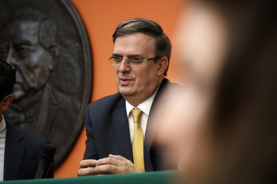 Marcelo Ebrard, Mexico's Secretary of Foreign Affairs, speaks during a news conference at the Embassy of Mexico, Wednesday June 5, 2019, in Washington. (AP Photo/Jacquelyn Martin)