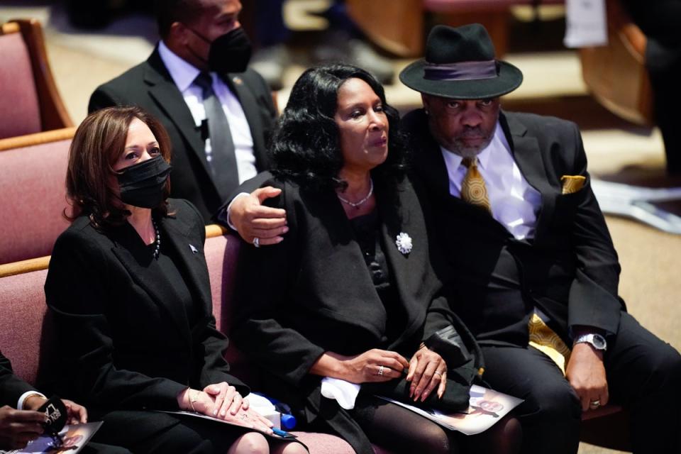 Vice President Kamala Harris sits with RowVaughn Wells and Rodney Wells during the funeral service for Wells' son Tyre Nichols at Mississippi Boulevard Christian Church on February 1, 2023 in Memphis, Tennessee (Getty Images)