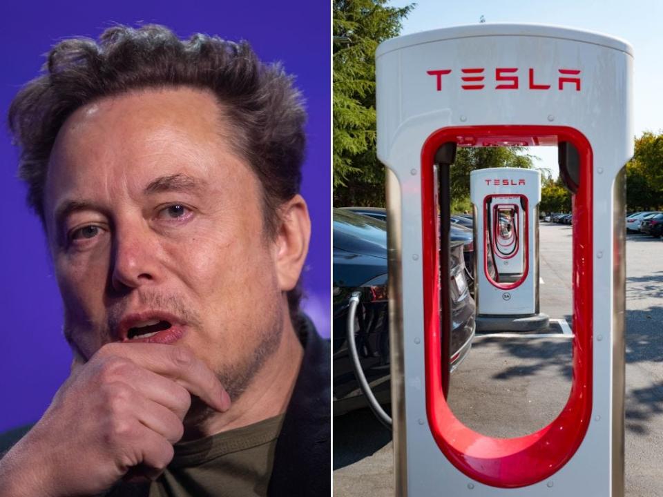 A composite image of Elon Musk and a Tesla Supercharger charging station.
