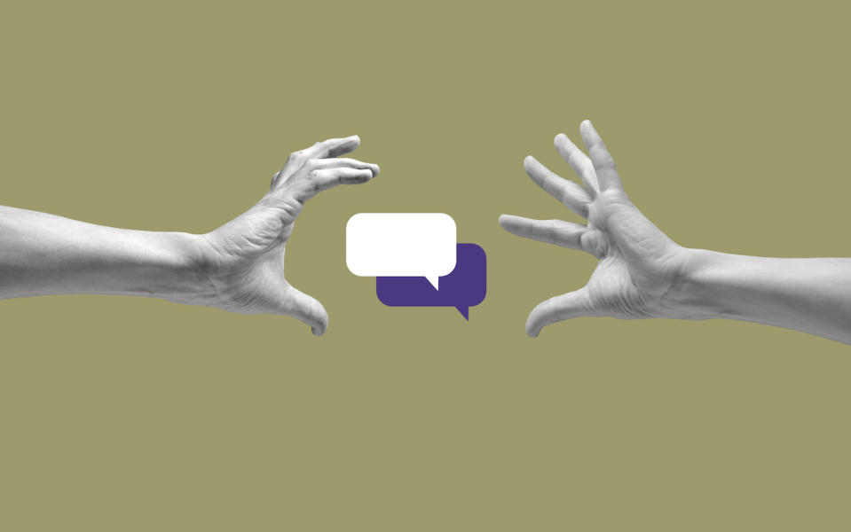 Speech bubbles between two human hands against khaki background.