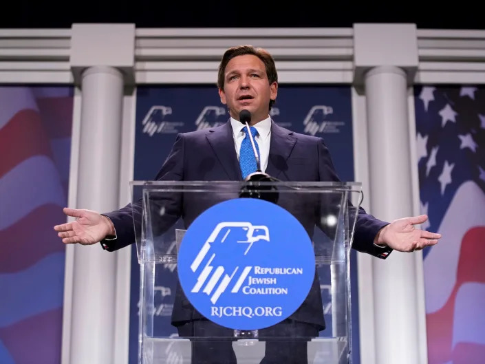 Florida Gov. Ron DeSantis speaks at an annual leadership meeting of the Republican Jewish Coalition Saturday, November 19, 2022, in Las Vegas.