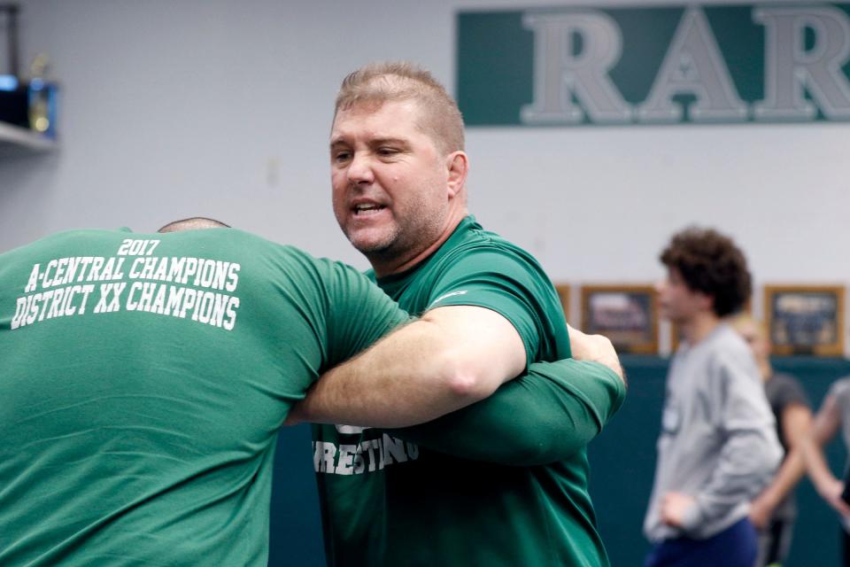 Raritan High School head wrestling coach Rob Nucci is shown during practice this past Thursday. It is Nucci's final season and his final regular season home match was Friday night.