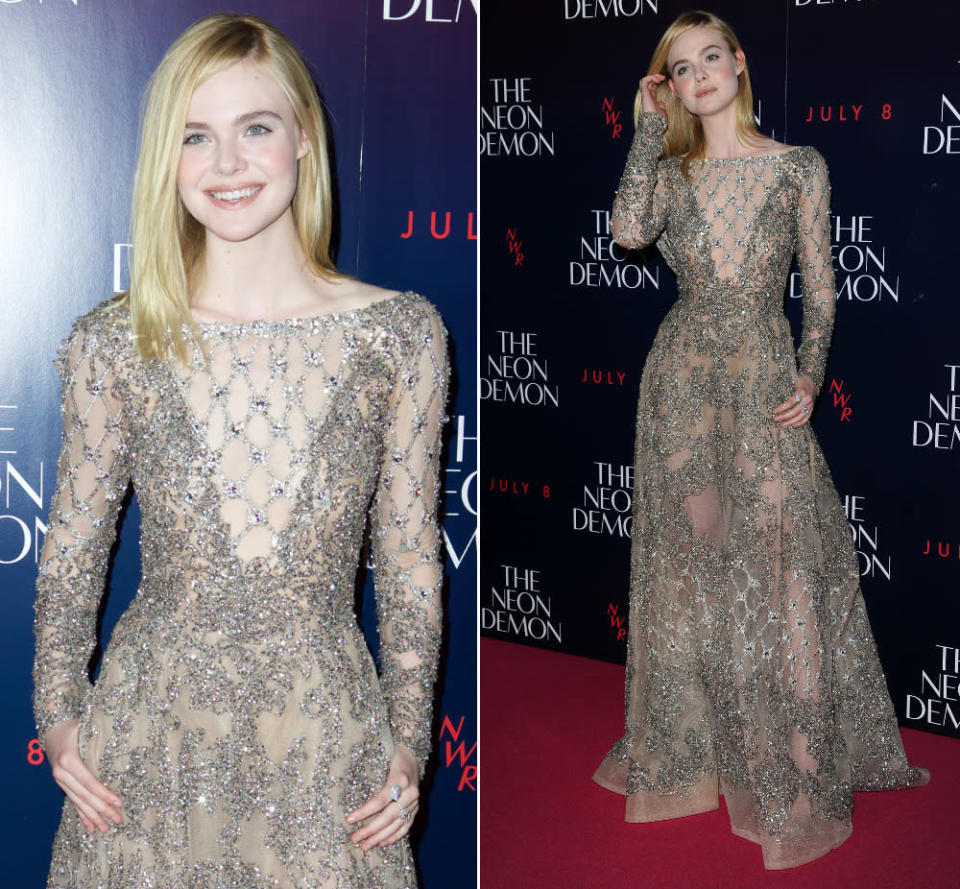 Zum Ausrasten schön: Elle Fanning in diesem hauchzarten Traum von Elie Saab auf der „The Neon Demon“-Premiere in London. (31. Mai 2016, Bilder: WENN)