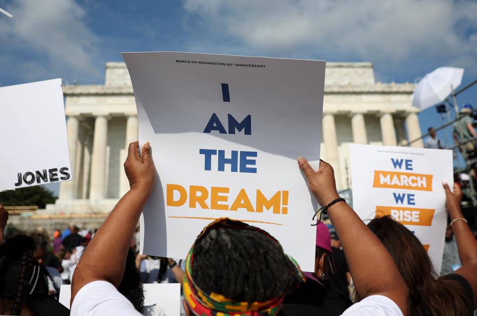 Civil rights supporters attend the 60th Anniversary Of The March On Washington at the Lincoln Memorial on August 26, 2023 in Washington, DC. The march commemorated Dr, Martin Luther King Jr.'s "I Have a Dream" speech and the 1963 March on Washington for Jobs and Freedom. (Credit: Kevin Dietsch/Getty Images)