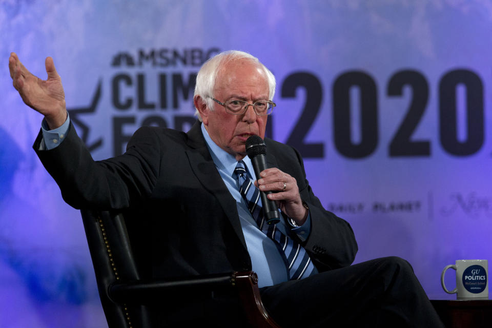 Democratic presidential candidate Sen. Bernie Sanders, I-Vt., speaks during the Climate Forum at Georgetown University, Thursday, Sept. 19, 2019, in Washington. (AP Photo/Jose Luis Magana)