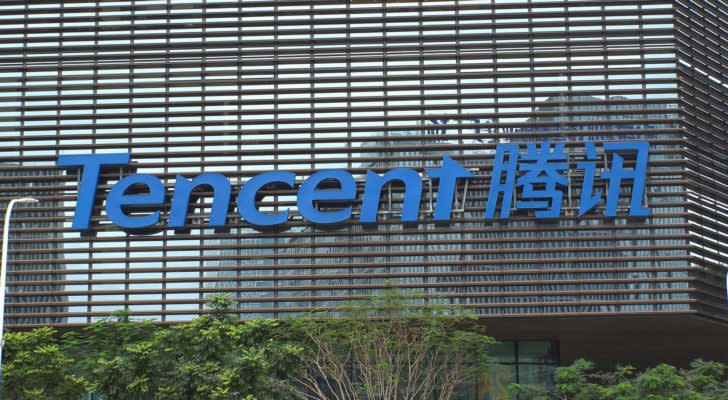 Tencent (TCEHY) sign on Tencent headquarters in Shenzhen, China.