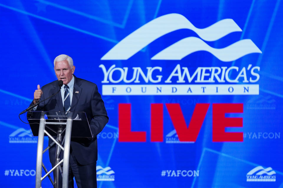 Former Vice President Mike Pence speaks at the Young America's Foundation's National Conservative Student Conference, Tuesday, July 26, 2022, in Washington. (AP Photo/Patrick Semansky)