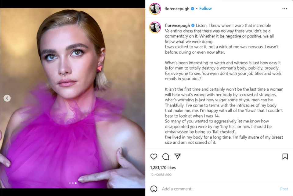 Florence Pugh addresses being body-shamed over her decision to wear a sheer gown, which doesn’t cover her nipples (Instagram @florencepugh)