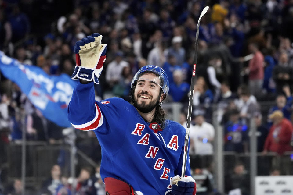 New York Rangers center Mika Zibanejad (93) waves to fans following Game 2 of an NHL hockey Stanley Cup second-round playoff series against the Carolina Hurricanes, Tuesday, May 7, 2024, in New York. The Rangers won 4-3. (AP Photo/Julia Nikhinson)