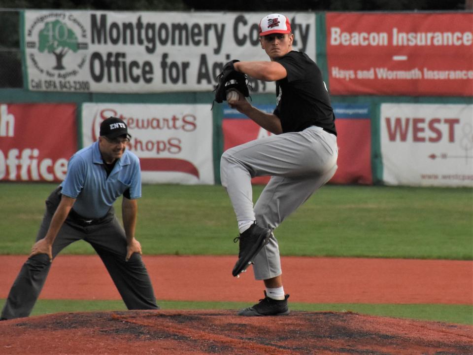 Von Baker winds up to throw a pitch for the Amsterdam Mohawks during an August 12, 2020, game. Baker got the final three outs in relief of Brandon Peterson Tuesday and completed a combined PGCBL no-hitter for the Mohawks.