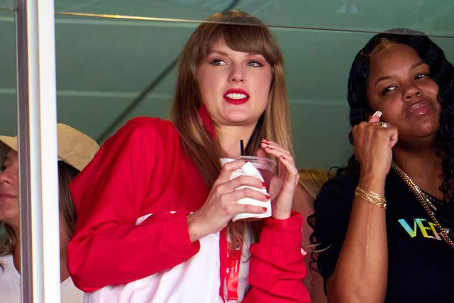 <p>Cooper Neill/Getty</p> Taylor Swift at Travis Kelce's game.