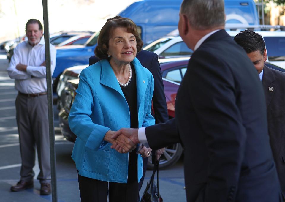 Sen. Dianne Feinstein greets Richard Roth at the Whitewater Preserve where she spoke about protecting the desert, October 25, 2018.