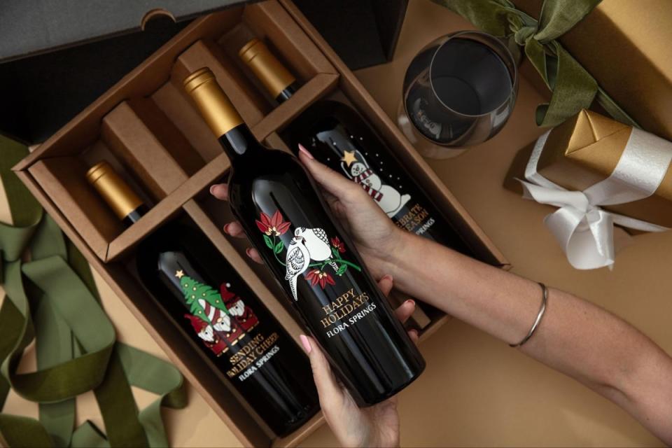 <p>Courtesy of Flora Springs</p><p>Every holiday season, Flora Springs releases new holiday bottles, meticulously etched and painted by hand, with capsules and back labels applied one by one. This season, the award winning winery presents the Holiday Cabernet Sauvignon <a href="https://www.florasprings.com/product-detail/product/2019-Holiday-Cabernet-Sauvignon-3-Bottle-Gift-Set/" rel="nofollow noopener" target="_blank" data-ylk="slk:3-Bottle Gift Set;elm:context_link;itc:0;sec:content-canvas" class="link ">3-Bottle Gift Set</a> featuring three designs and three delicious Cabernets fit for celebrating the season. This sophisticated trio has been crafted with the utmost care and attention to detail, poised to meet a variety of gifting needs from wine enthusiasts’ refined taste to holiday hosts’ joy for the season.</p><p><strong>The Wine</strong></p><p>2018 Napa Valley Cabernet Sauvignon combines fruit from two outstanding, sustainably-farmed vineyard sources: the Komes Vineyard in Rutherford and our Crossroads Vineyard in Oakville.<br>Fragrant, fruit-driven aromas of black cherry, purple plum and currant introduce this plush, polished Cabernet, with similar flavors joined by notes of vanilla, dark chocolate, cola and licorice. The wine is lithe and velvety on the palate, with fine, well-integrated tannins. A bright streak of acidity keeps the mouth fresh and balanced, with a flourish of orange peel and toast on the finish.</p><p>This limited-edition set features the <a href="http://www.florasprings.com/product-detail/product/2019-Holiday-Blend-Gnome-Carolers/" rel="nofollow noopener" target="_blank" data-ylk="slk:2019 Holiday Blend-Gnome Carolers;elm:context_link;itc:0;sec:content-canvas" class="link ">2019 Holiday Blend-Gnome Carolers</a>, <a href="https://www.florasprings.com/product-detail/product/2018-Holiday-Cabernet-Sauvignon-Peppermint-Tree-Twist/" rel="nofollow noopener" target="_blank" data-ylk="slk:2018 Holiday Cabernet Sauvignon-Peppermint Tree Twist;elm:context_link;itc:0;sec:content-canvas" class="link ">2018 Holiday Cabernet Sauvignon-Peppermint Tree Twist</a>, and <a href="http://www.florasprings.com/product-detail/product/2019-Holiday-Blend-Two-Turtle-Doves/" rel="nofollow noopener" target="_blank" data-ylk="slk:2019 Holiday Blend-Two Turtle Doves;elm:context_link;itc:0;sec:content-canvas" class="link ">2019 Holiday Blend-Two Turtle Doves</a> and is delivered in a handsome black gift box. They can also include a custom gift card. Limited gift sets available.</p><p><a href="https://www.florasprings.com/product-detail/product/2019-Holiday-Cabernet-Sauvignon-3-Bottle-Gift-Set/" rel="nofollow noopener" target="_blank" data-ylk="slk:Click here to purchase;elm:context_link;itc:0;sec:content-canvas" class="link ">Click here to purchase</a></p>