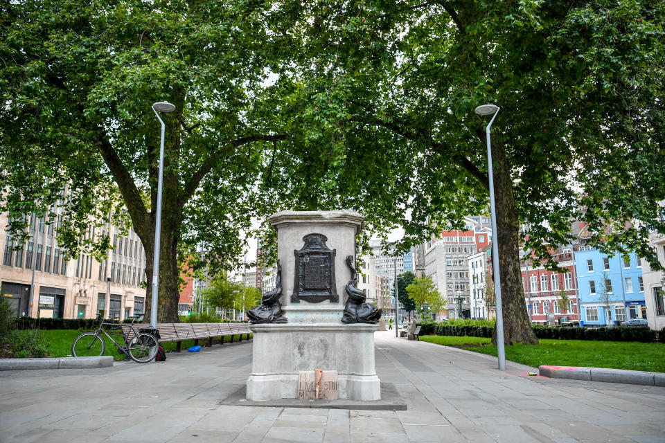 The empty plinth where A Surge of Power (Jen Reid) 2020, by prominent British sculptor Marc Quinn, was installed in Bristol on the site of the fallen statue of the slave trader Edward Colston, is now removed.